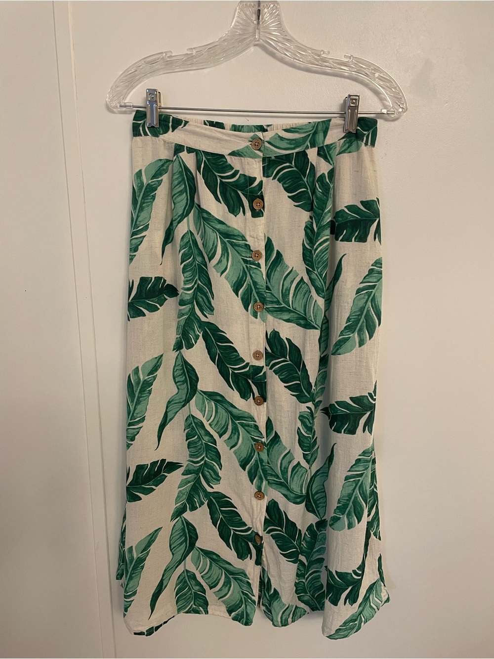 Cassee’s Green Tropical Banana Leaf Print Button-Front Midi Skirt Size M